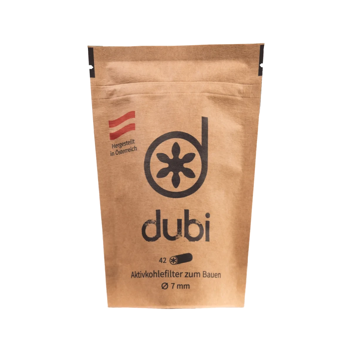 Dubi 42 Aktivkohlefilter zum Bauen – braune Kraftpapier-Standbeutel-Verpackung mit Dubi-Logo, österreichischer Flagge und Aufschrift "Hergestellt in Österreich", 42 Stück, Ø 7mm
